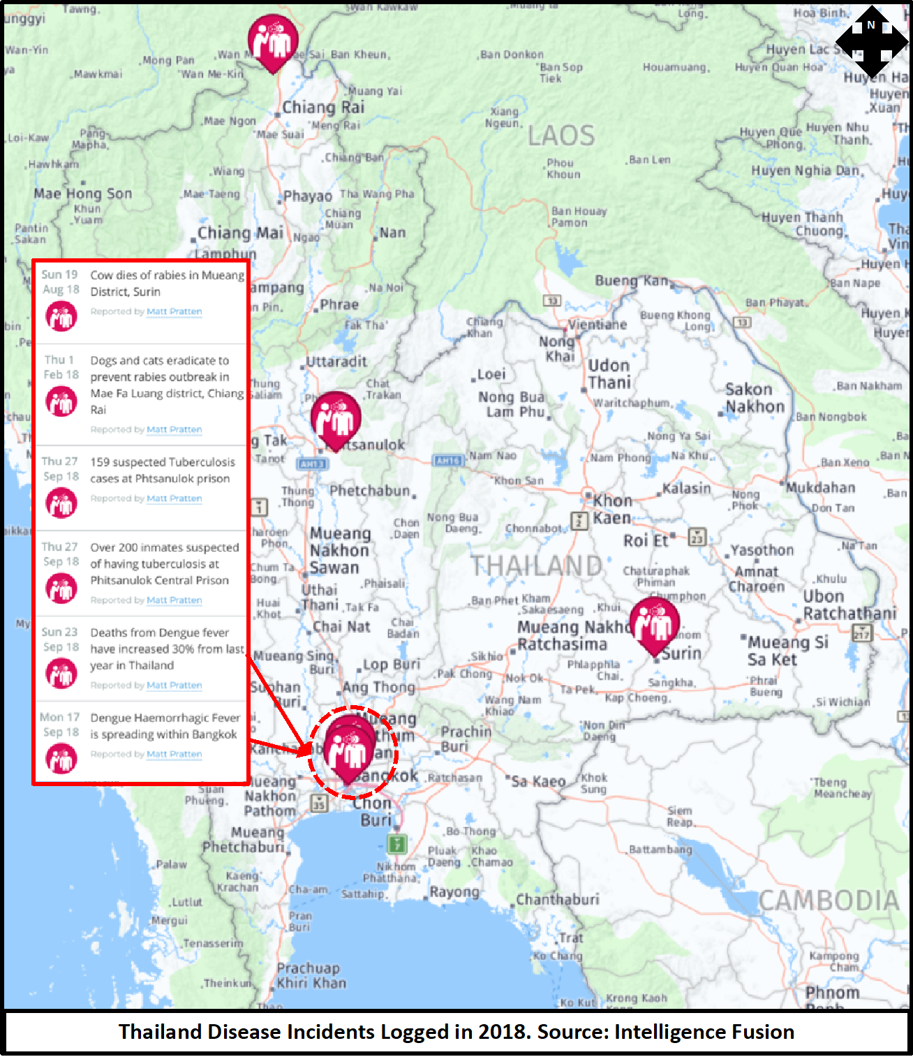 A map showing here the incidents of disease occurred in Thailand during September 2018